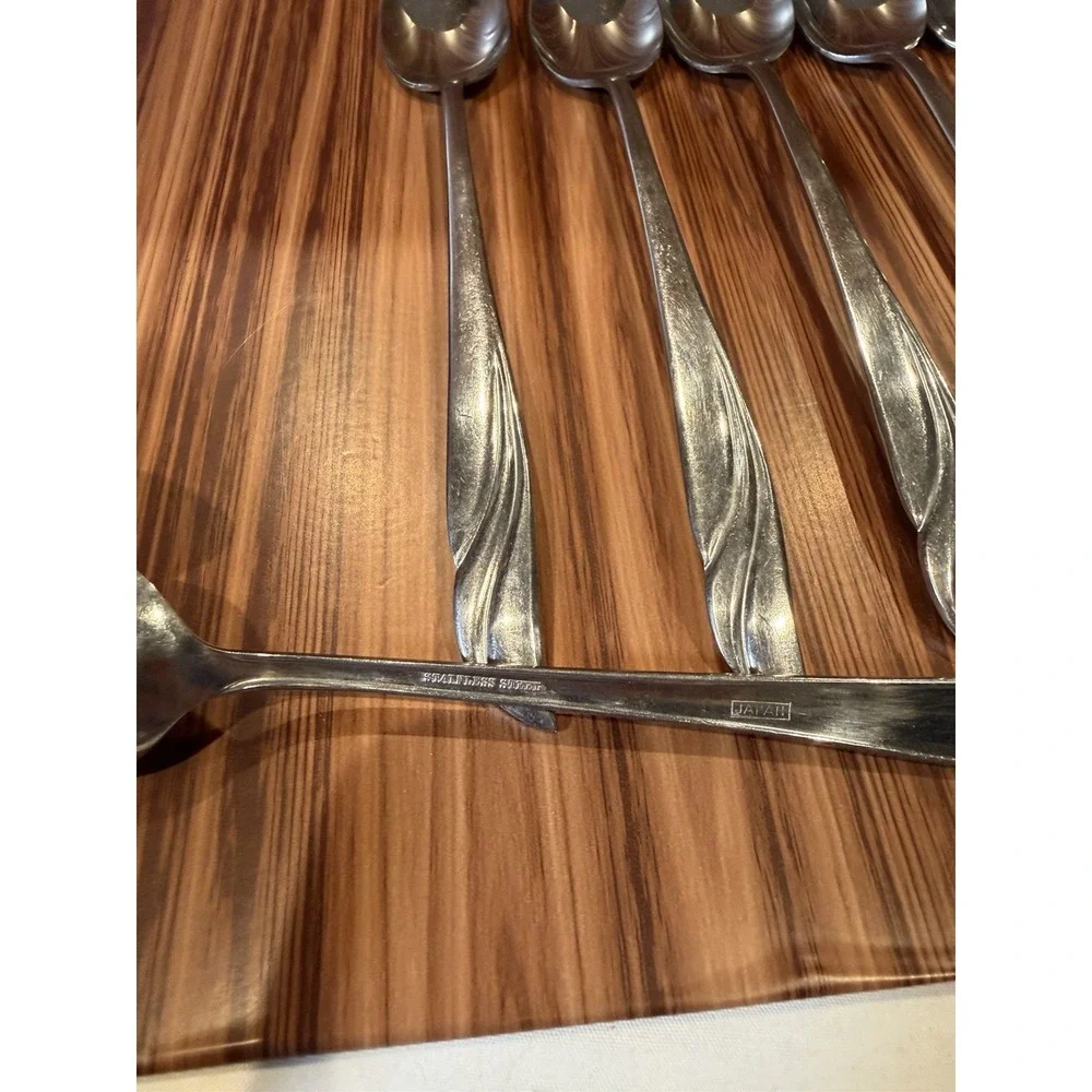 Lot 8 Vintage Stainless Steel Japan Swirl Flame Pattern Teaspoons Flatware
